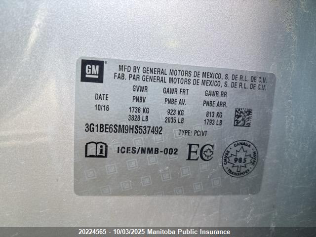 3G1BE6SM9HS537492 Chevrolet le2 -di: direct injection, vvt: variable valve timing, gen, alum