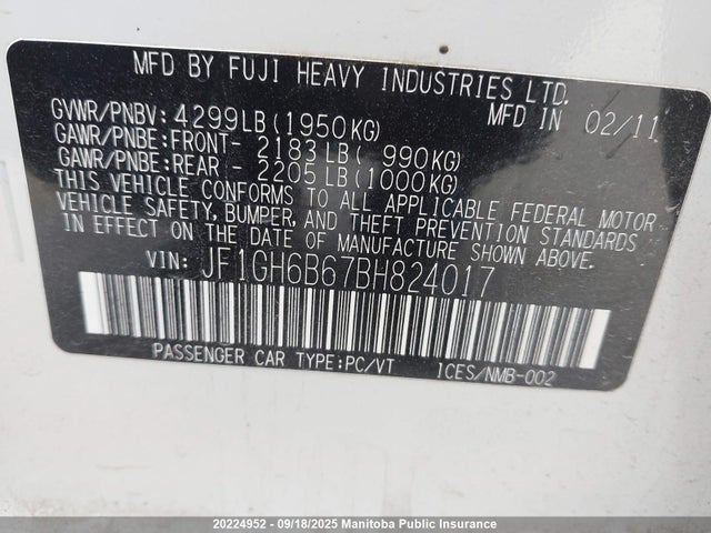 20224952 :رقم المزاد ، JF1GH6B67BH824017 vin ، 2011 Subaru Impreza 2.5i مزاد بيع