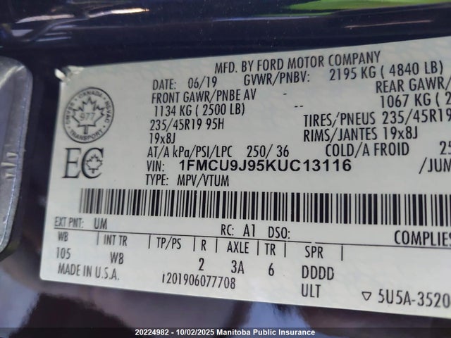 1FMCU9J95KUC13116 Ford 2019