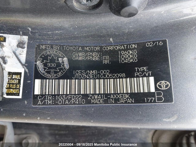 JTDZN3EU1GJ052098 Toyota 2zr-fxe, 5jm