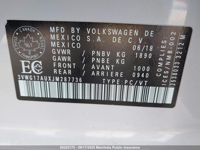 3VWG17AUXJM287736 Volkswagen Golf