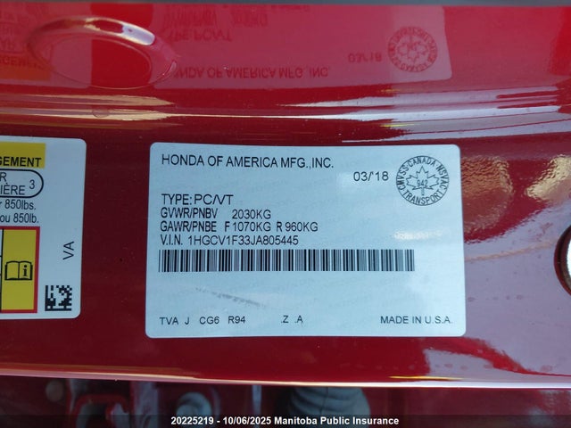 1HGCV1F33JA805445 Honda l15be