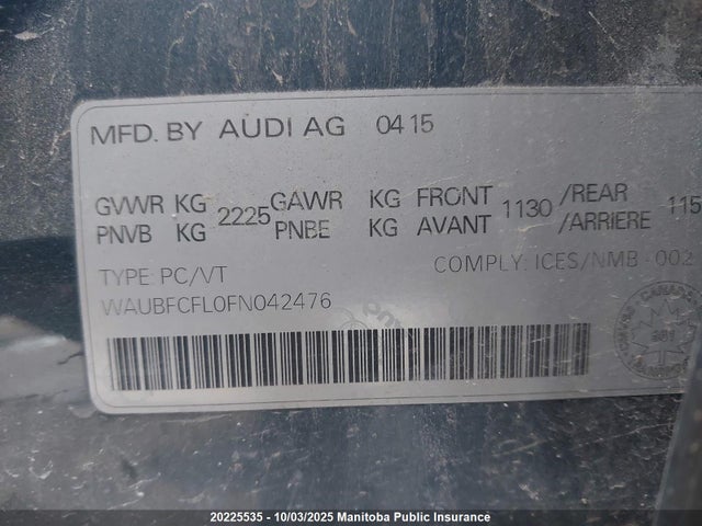 Audi flex fuel capable engine 2015 WAUBFCFL0FN042476 Image 9