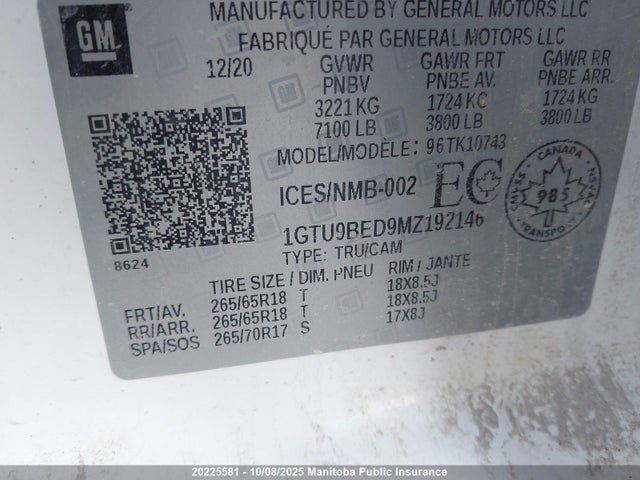 1GTU9BED9MZ192146 GMC l84 - di, alum, gen 5, var 2
