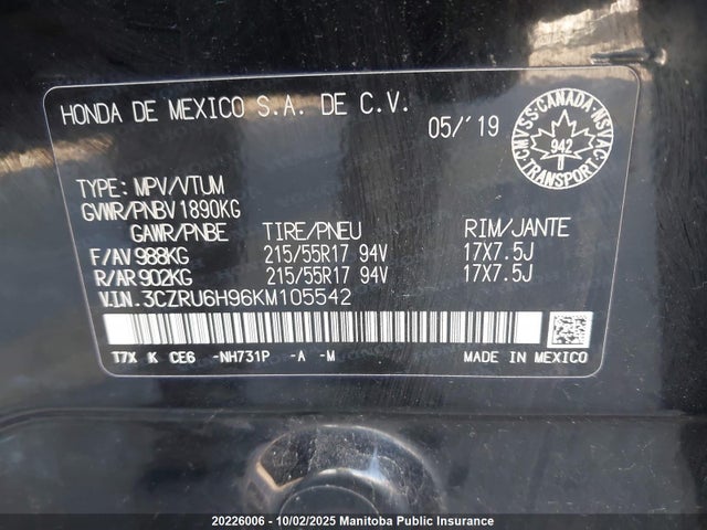 3CZRU6H96KM105542 Honda r18z9