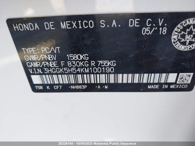 3HGGK5H54KM100190 Honda l15b1