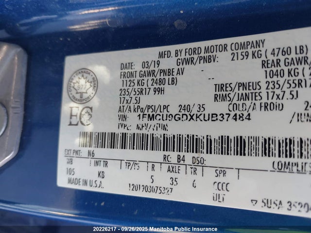 1FMCU9GDXKUB37484 Ford 1.5l gtdi sigma w/premium fuel