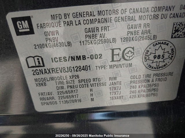 2GNAXREV8J6128401 Chevrolet lyx - direct injection, vvt, fgt, turbo, alum, gen1