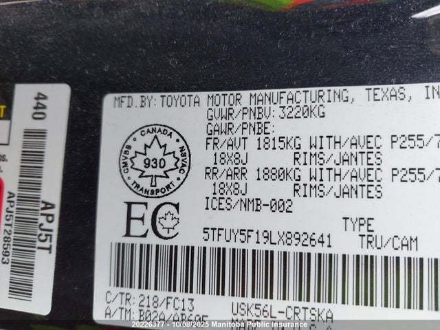 5TFUY5F19LX892641 Toyota 3ur-fe