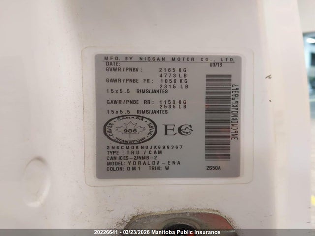 20226641 :رقم المزاد ، 3N6CM0KN0JK698367 vin ، 2018 Nissan Nv 200 S Cargo Van مزاد بيع