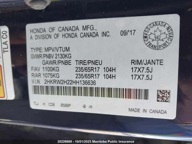 2HKRW2H22HH136636 Honda l15be
