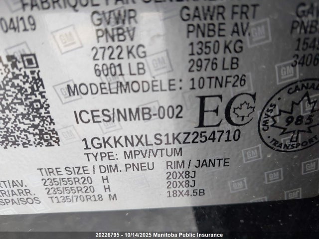 1GKKNXLS1KZ254710 GMC lgx - direct injection, variable valve timing, alum, gen 2