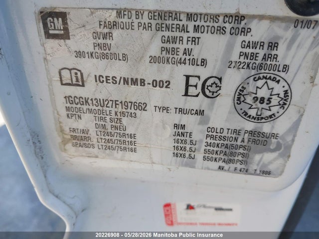 Продаж на аукціоні авто 2007 Chevrolet Silverado 1500 Hd Ls Crew Cab, vin: 1GCGK13U27F197662, номер лоту: 20226908