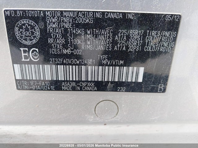 Aukcja sprzedaży 2012 Toyota Rav4, vin: 2T3ZF4DV3CW124721, numer aukcji: 20226928