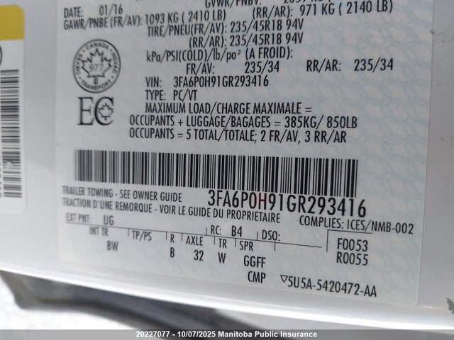 3FA6P0H91GR293416 Ford 2016