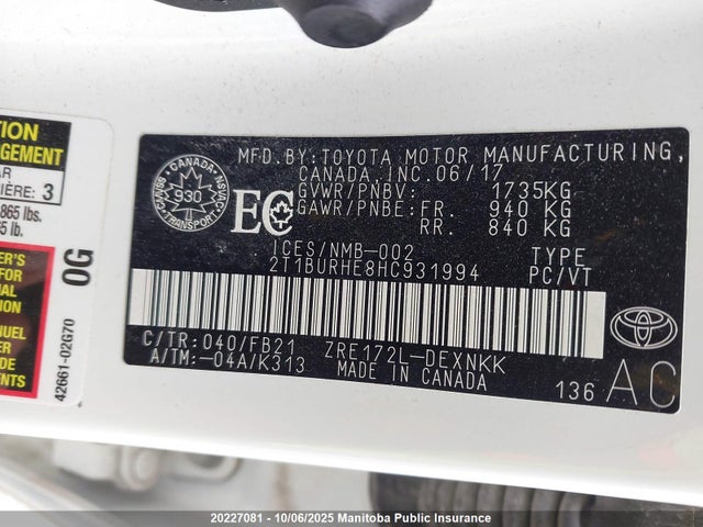 2T1BURHE8HC931994 Toyota 2zr-fe
