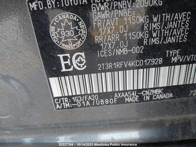 2T3R1RFV4KC017928 Toyota a25a-fks