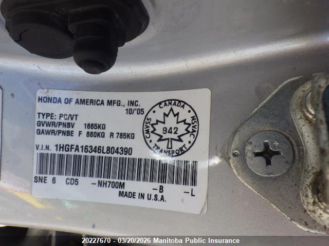 Aukcja sprzedaży 2006 Honda Civic Dx-g, vin: 1HGFA16346L804390, numer aukcji: 20227670