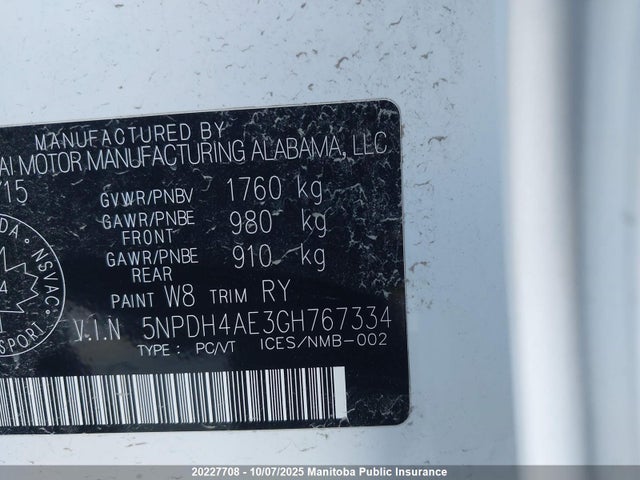 Hyundai dohc mpi nu 2016 5NPDH4AE3GH767334 Image 8