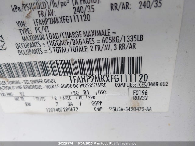 1FAHP2MKXFG111120 Ford 2015