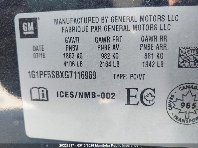 1G1PF5SBXG7116969 Chevrolet Cruze Lt Turbo