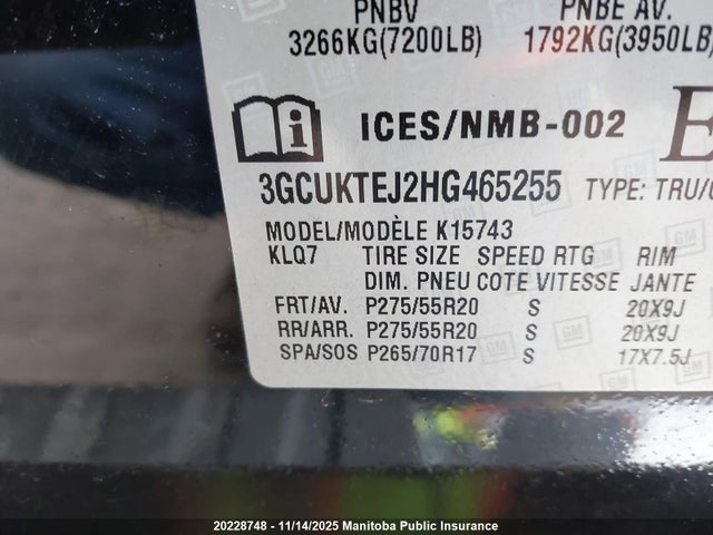 Aukcja sprzedaży 2017 Chevrolet Silverado 1500 High Country Cc, vin: 3GCUKTEJ2HG465255, numer aukcji: 20228748