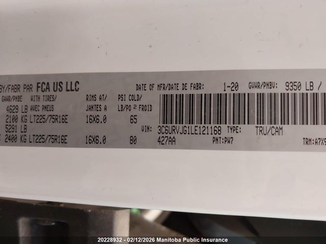 3C6URVJG1LE121168 RAM Promaster 3500 Cargo Van Ext