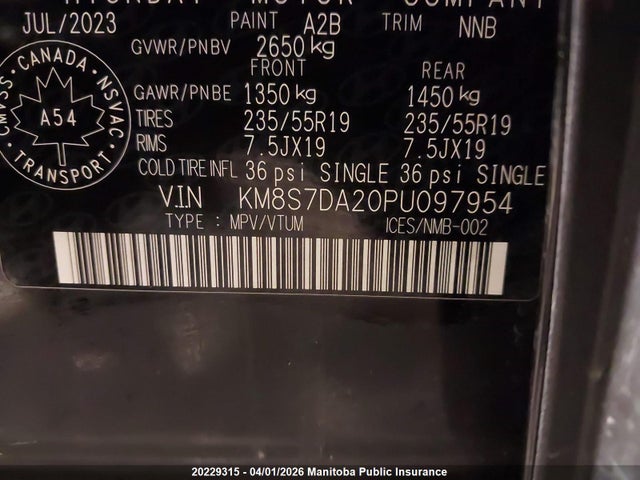 20229315 :رقم المزاد ، KM8S7DA20PU097954 vin ، 2023 Hyundai Santa Fe Luxury Hybrid مزاد بيع