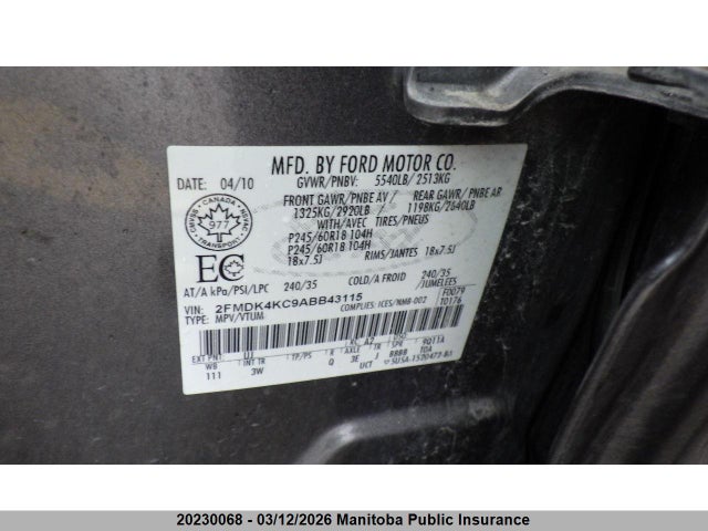 Aukcja sprzedaży 2010 Ford Edge Limited, vin: 2FMDK4KC9ABB43115, numer aukcji: 20230068