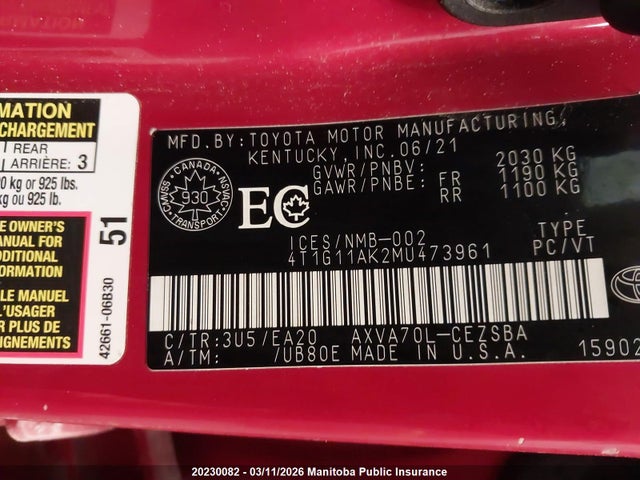 4T1G11AK2MU473961 Toyota CAMRY SE