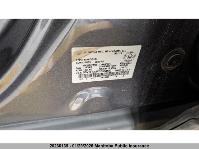 5FNYF6H8XGB503853 Honda Pilot Ex-l