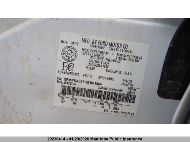2FMPK4J97KBB01806 Ford EDGE SEL