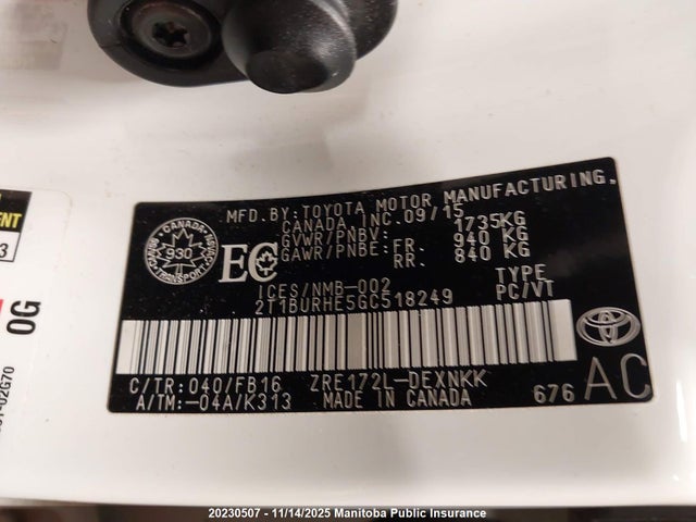 Toyota 2zr-fe 2016 2T1BURHE5GC518249 Image 9