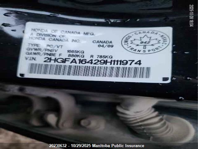 Aukcja sprzedaży 2009 Honda Civic Dx-g, vin: 2HGFA16429H111974, numer aukcji: 20230632