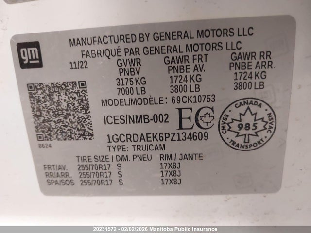1GCRDAEK6PZ134609 Chevrolet Silverado 1500 Wt Double Cab