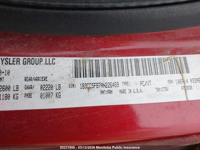 20231806 :رقم المزاد ، 1B3CC5FB7AN226469 vin ، 2010 Dodge Avenger Sxt مزاد بيع