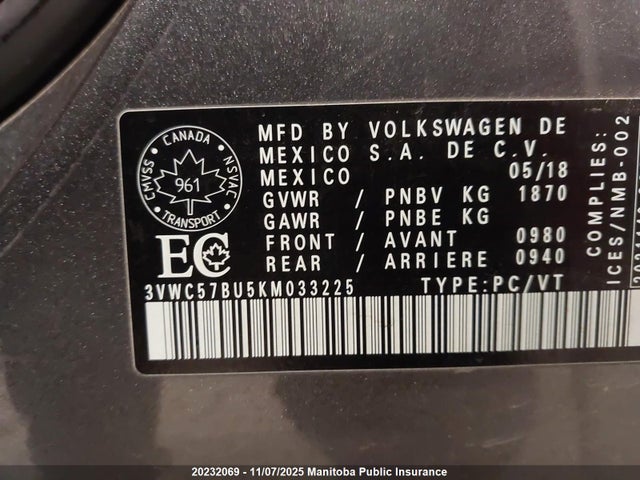 Продажа на аукционе авто 2019 Volkswagen Jetta 1.4 Tsi, vin: 3VWC57BU5KM033225, номер лота: 20232069