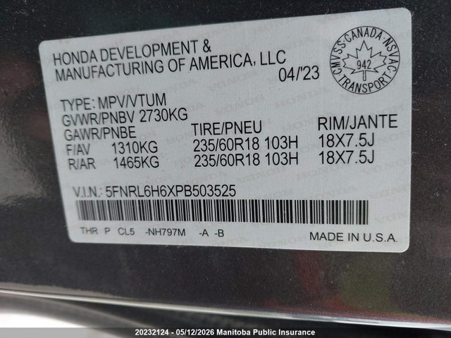 Продажа на аукционе авто 2023 Honda Odyssey Ex-l, vin: 5FNRL6H6XPB503525, номер лота: 20232124