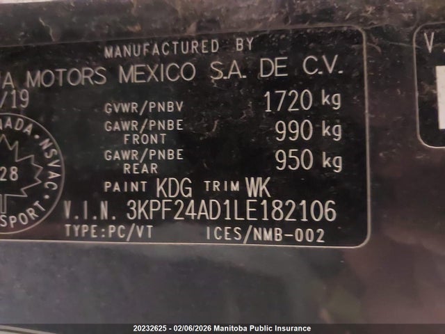 3KPF24AD1LE182106 KIA FORTE EX
