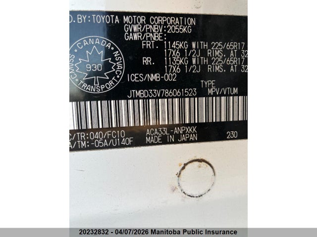 20232832 :رقم المزاد ، JTMBD33V786061523 vin ، 2008 Toyota Rav4 مزاد بيع
