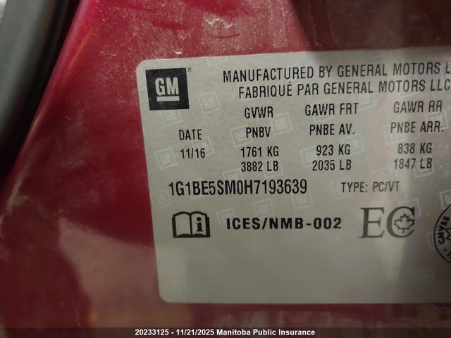 20233125 :رقم المزاد ، 1G1BE5SM0H7193639 vin ، 2017 Chevrolet Cruze Lt Turbo مزاد بيع