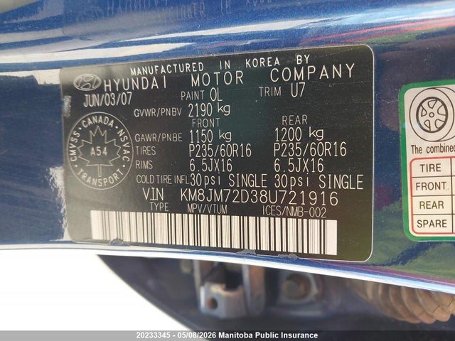 2008 Hyundai Tucson Gl V6 მანქანა იყიდება აუქციონზე, vin: KM8JM72D38U721916, აუქციონის ნომერი: 20233345