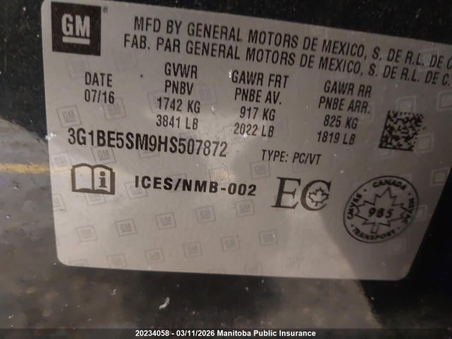 20234058 :رقم المزاد ، 3G1BE5SM9HS507872 vin ، 2017 Chevrolet Cruze Lt Turbo مزاد بيع