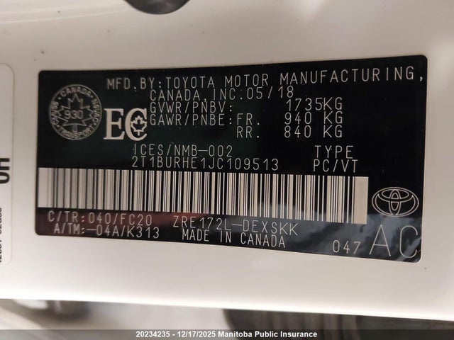 2T1BURHE1JC109513 Toyota 2zr-fe