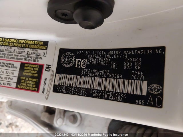 20234242 :رقم المزاد ، 2T1BURHE7EC153389 vin ، 2014 Toyota Corolla S مزاد بيع