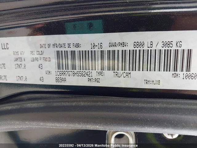 1C6RR7GT8HS562421 Dodge Ram 1500 Slt Quad Cab