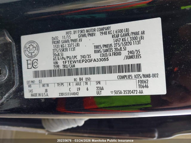 2016 Ford F150 Xlt Supercrew მანქანა იყიდება აუქციონზე, vin: 1FTEW1EP2GFA33055, აუქციონის ნომერი: 20235676