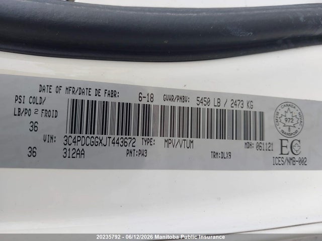 20235792 :رقم المزاد ، 3C4PDCGGXJT443672 vin ، 2018 Dodge Journey Crossroad مزاد بيع