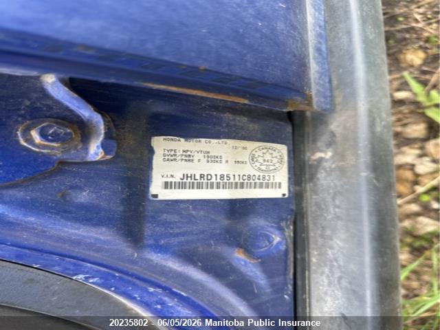 Продаж на аукціоні авто 2001 Honda Cr-v, vin: JHLRD18511C804831, номер лоту: 20235802
