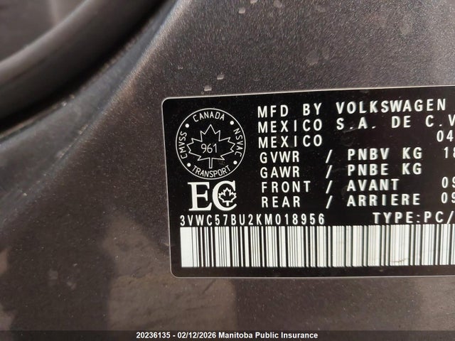 3VWC57BU2KM018956 Volkswagen Jetta 1.4 Tsi